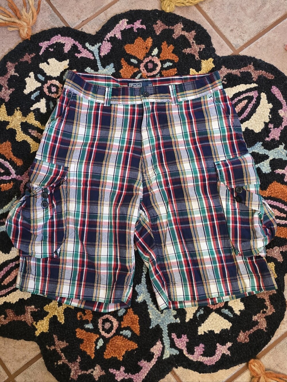 🔥🔥 Y2k Polo Ralph Lauren multi-colored plaid cotton cargo shorts Size 32🔥🔥